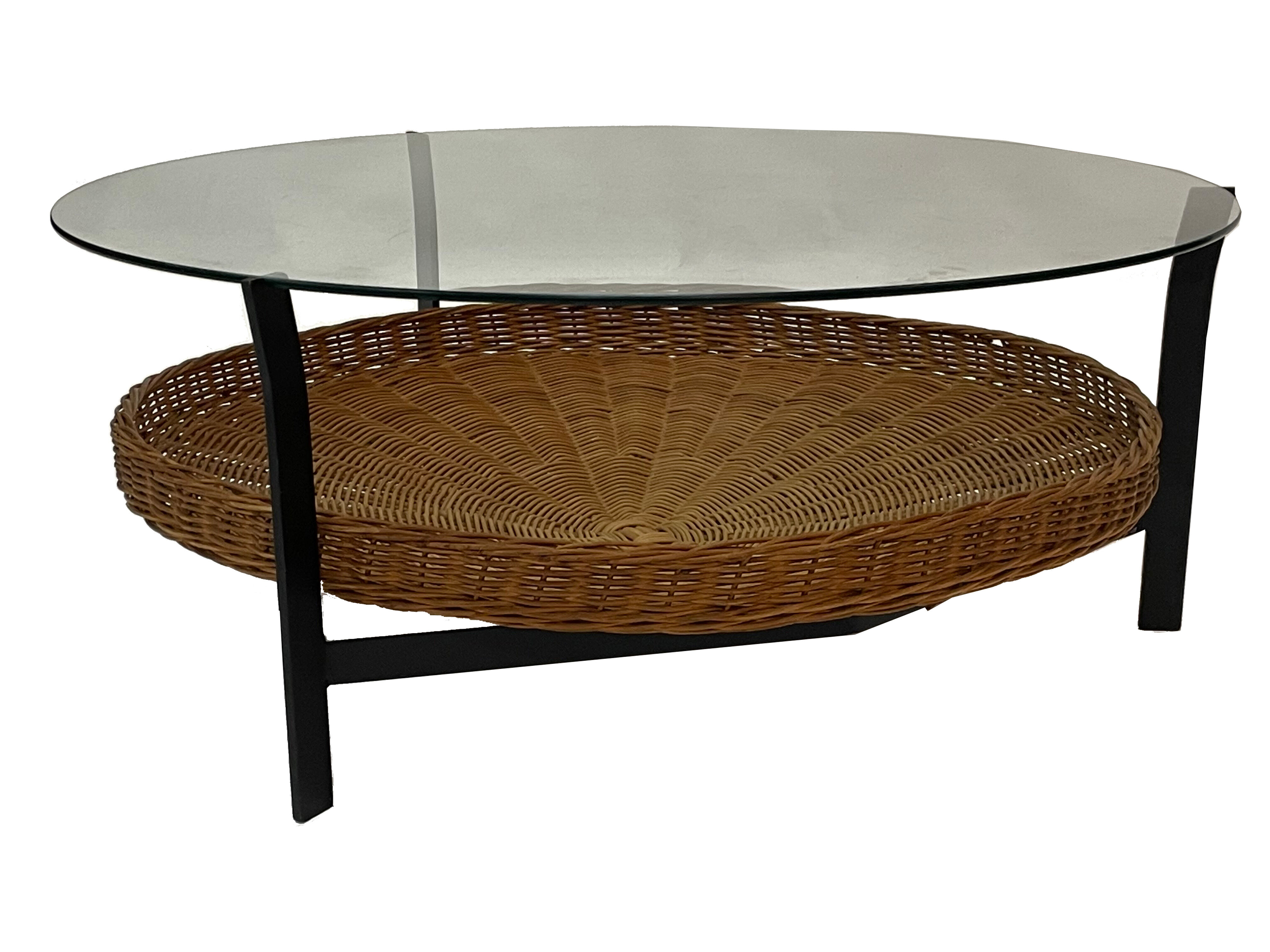 Table basse vintage minimaliste rotin métal verre 1960