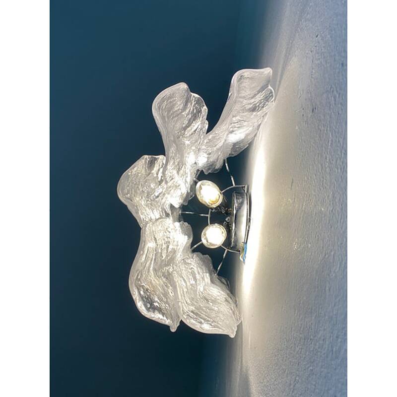 Set of Two Transparent and White “Fiamma” Murano Glass Wall Sconces