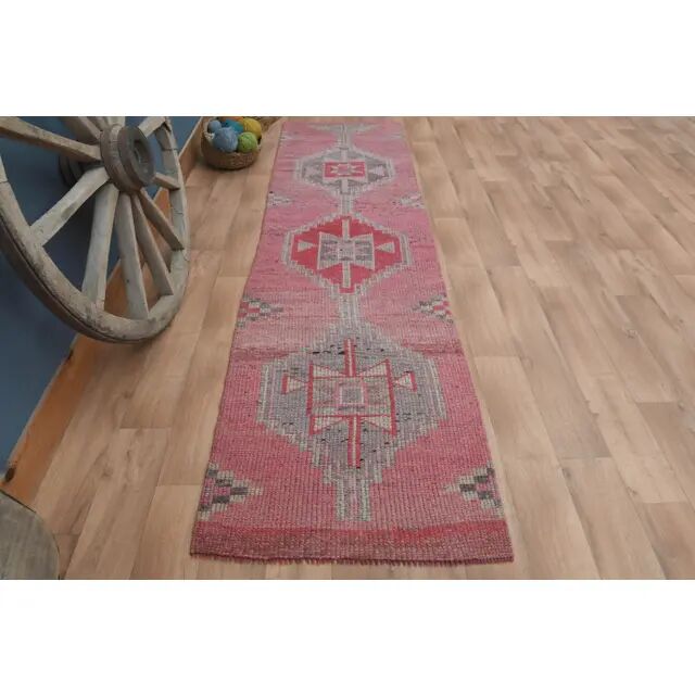 1970s Vintage Turkish Handmade Wool & Cotton Pink Runner Rug 83x307