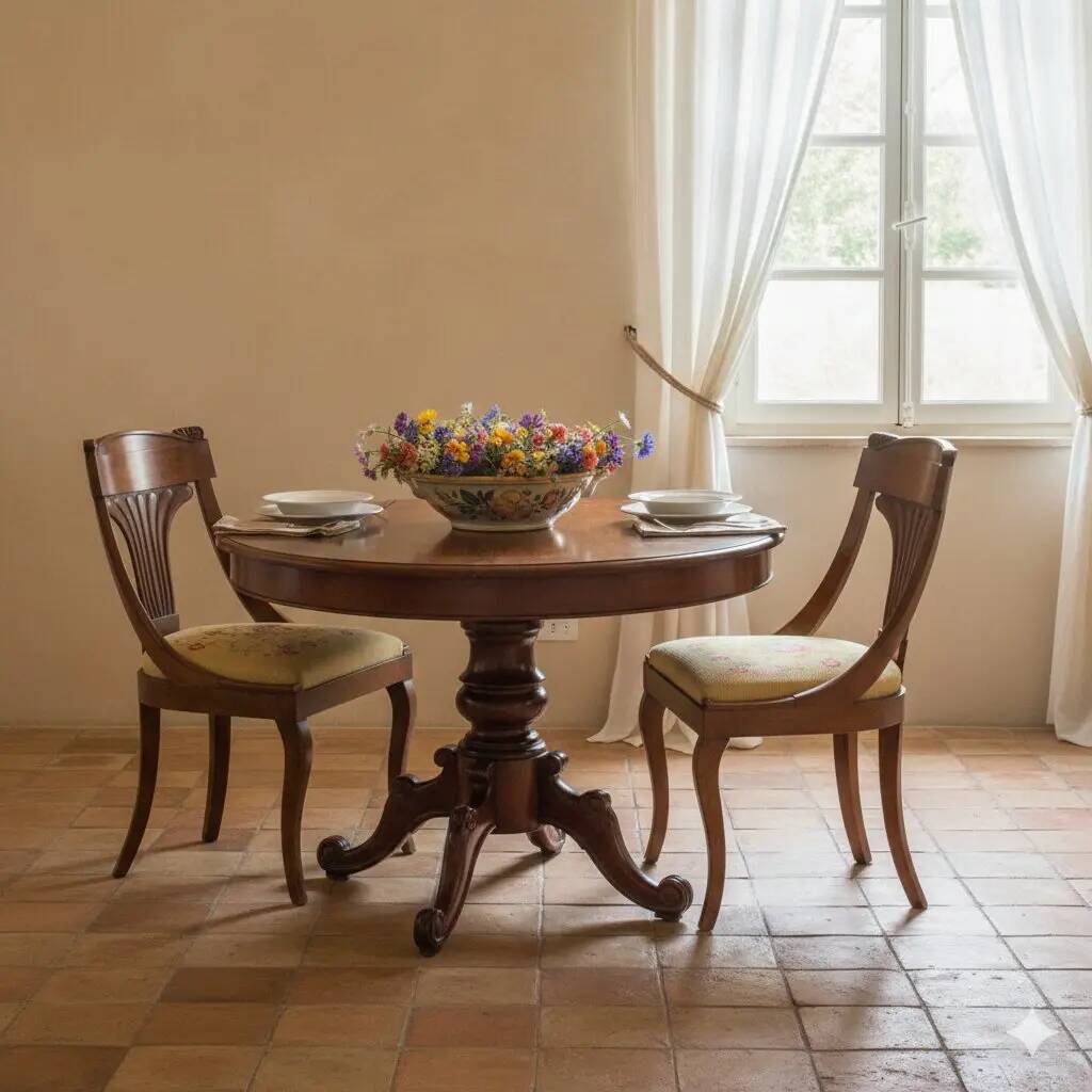 Antique Louis-Philippe chairs in walnut and fabric, Italy, 19th century.