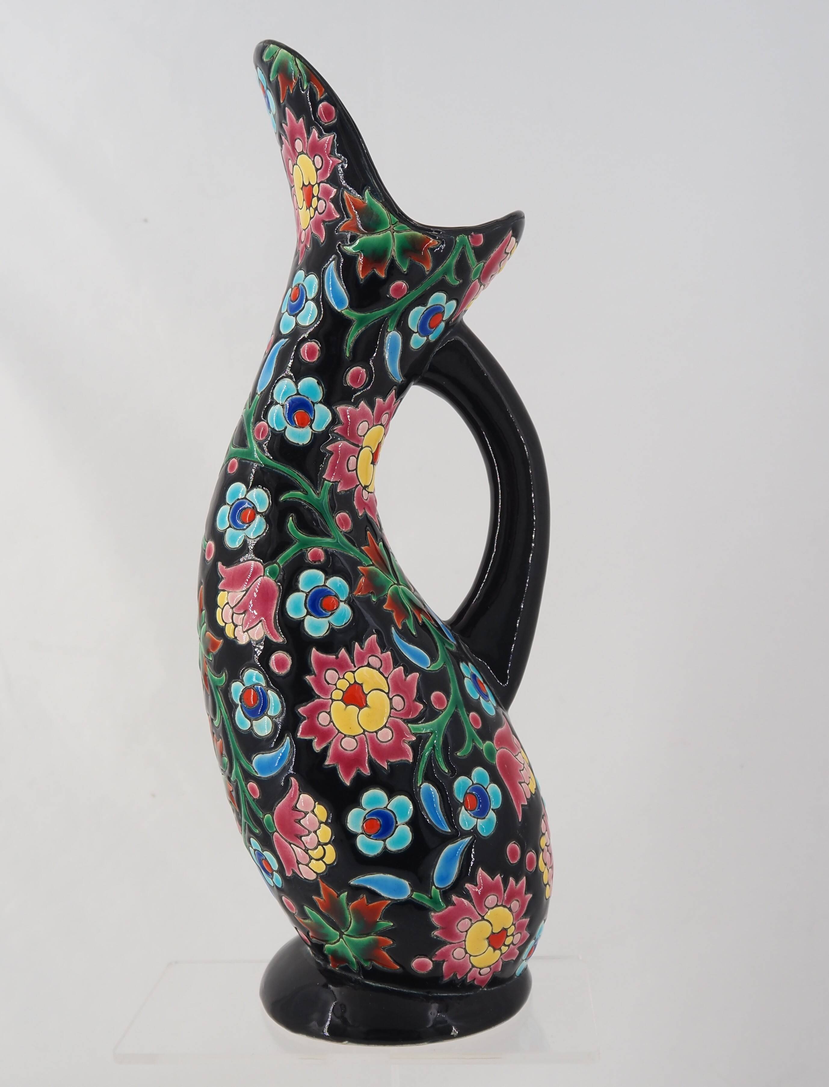 Beautiful Longwy enamel jug, signed, in excellent condition.