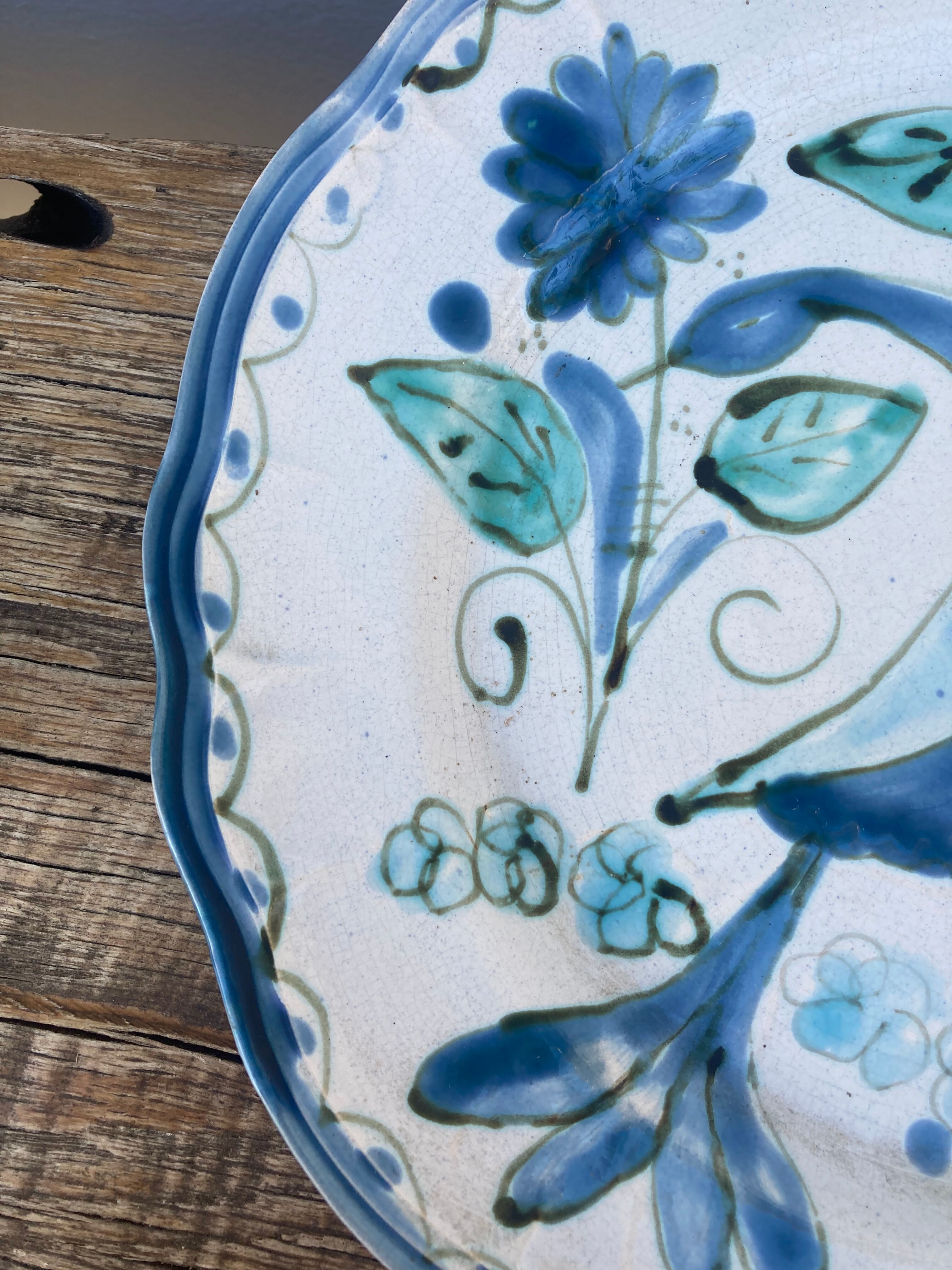 Decorative plate decorated with bird and flowers blue and pink vintage
