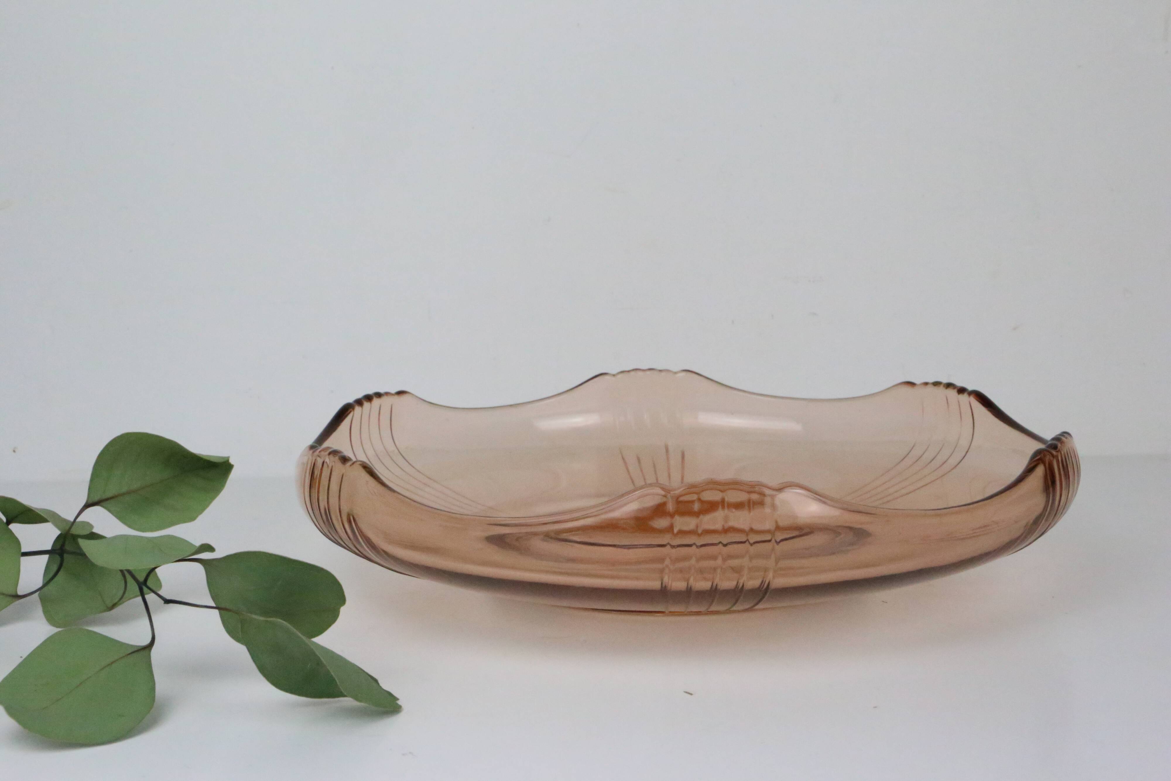 Round pink glass dish, empty pocket or salad bowl, molded glass, art deco