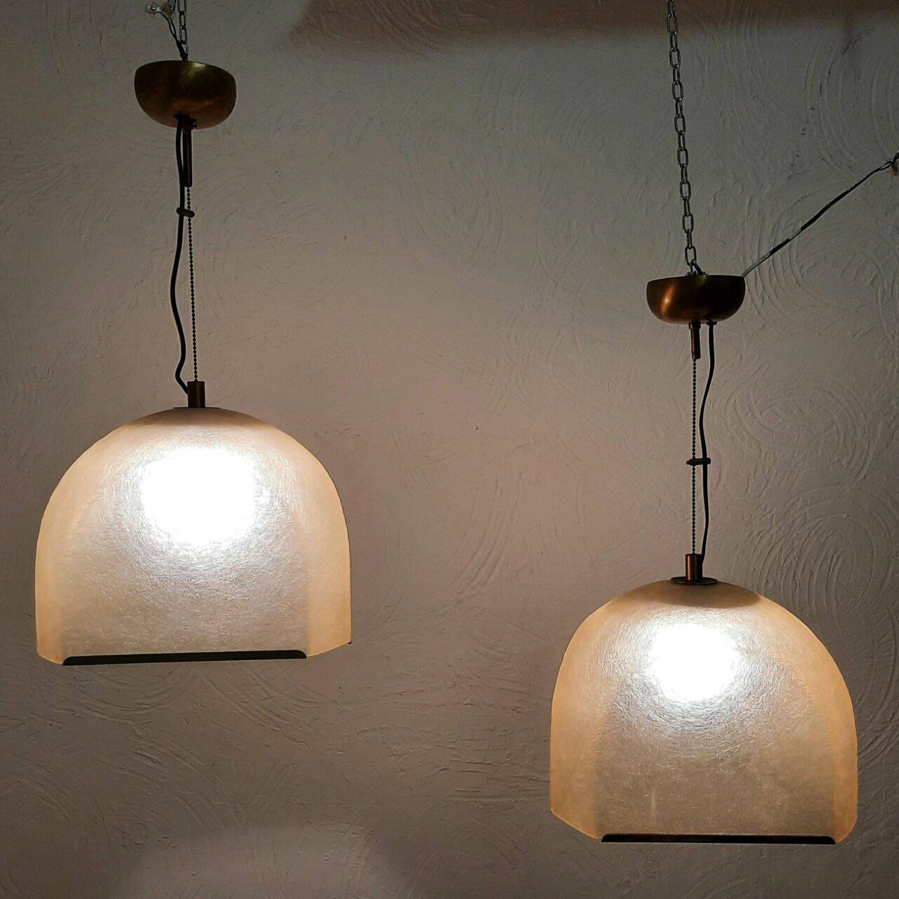 Pair of Lamperti vintage chandeliers in fiberglass and brass