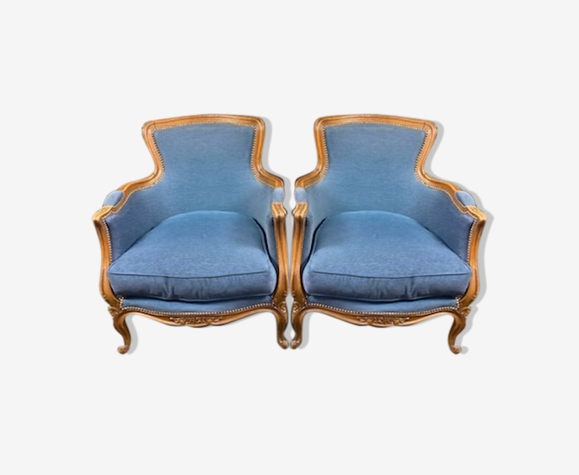 Paire de bergères de style Louis XV velours bleu