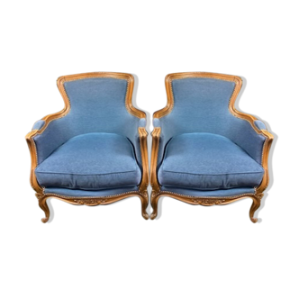 Paire de bergères de style Louis XV velours bleu