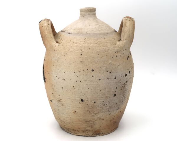 Jarre traditionnelle wabi sabi en céramique grès avec anses, 1900