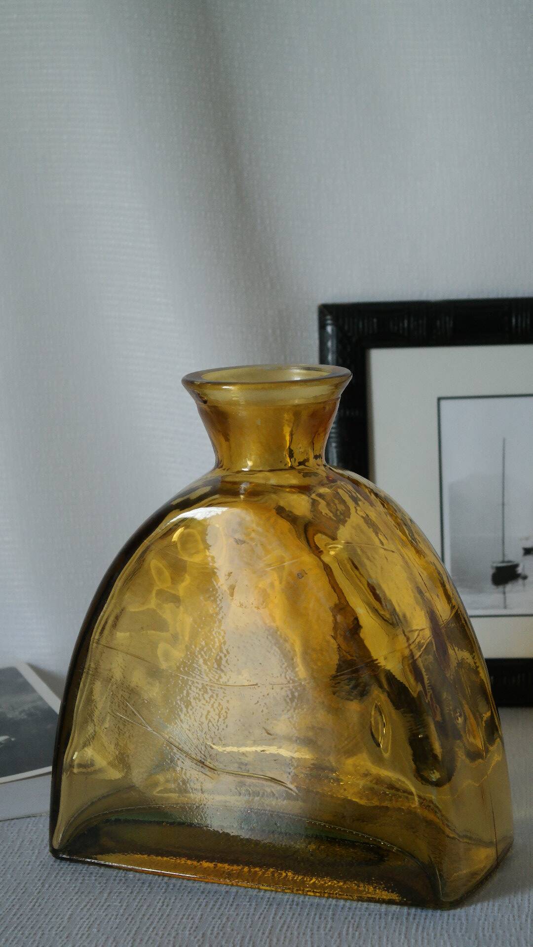 Vintage thick amber glazed glass carafe vase