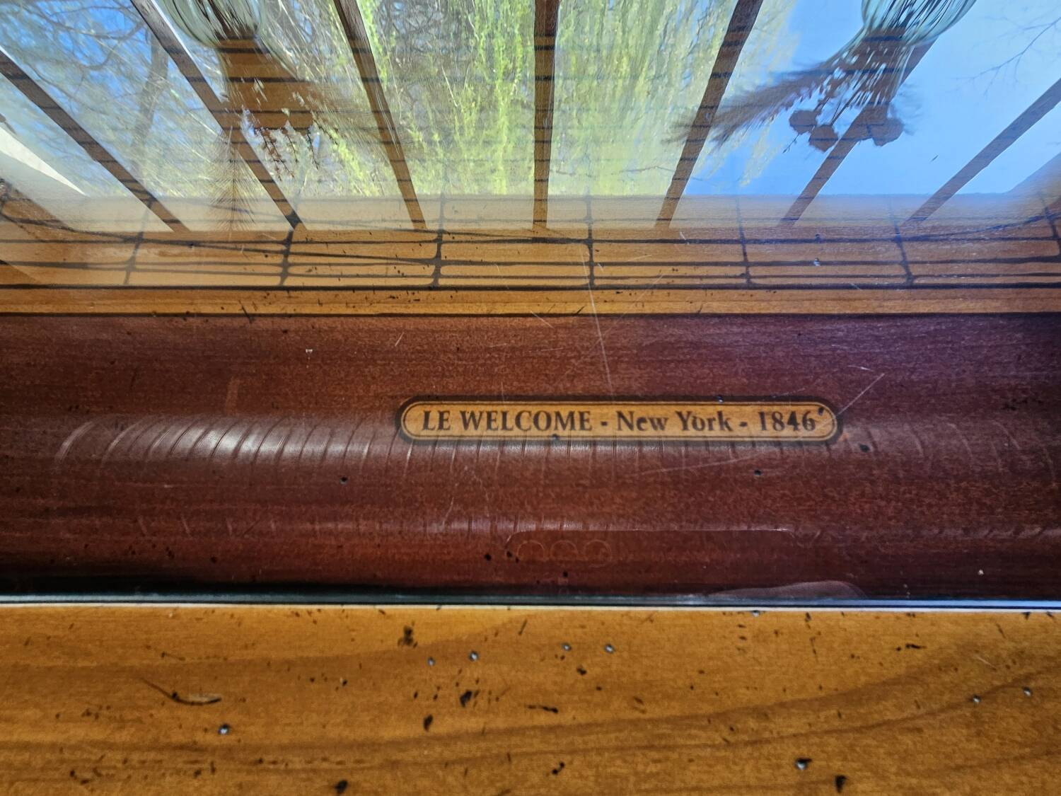 Old solid wood bar with glass top – character counter –