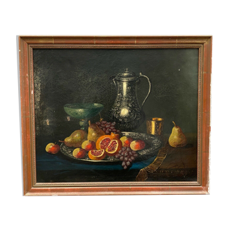 Huile sur toile signature a identifier nature morte aux fruits