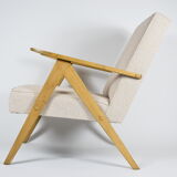 Fauteuil vernis original, années 1960, restauré, modèle B310, tissu beige, vernis en teck