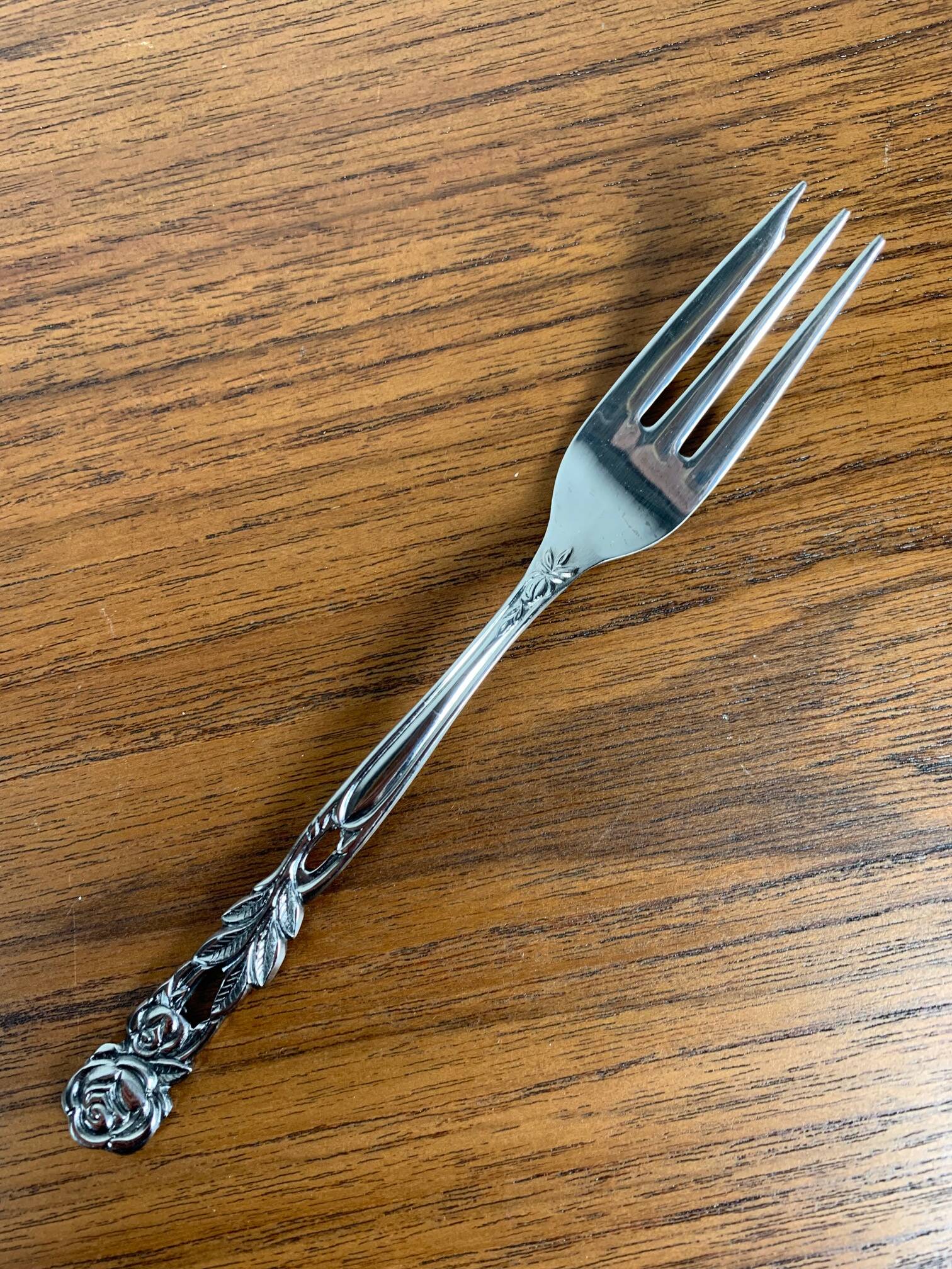 Set of 10+1 Japanese stainless steel dessert forks, rose pattern, 1970