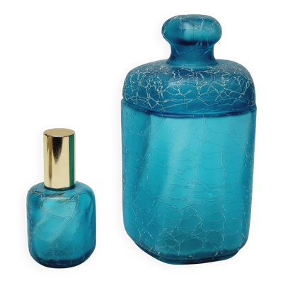 Boîte et flacon vaporis en verre bleu turquoise craquelé vintage Franck Marcel