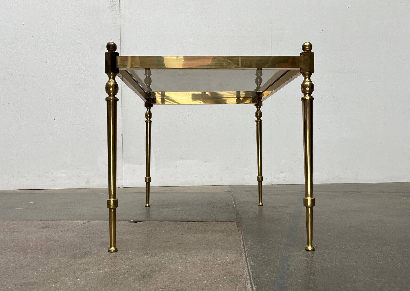 Mid-century Hollywood neoclassical brass and glass side tables or bedside tables from the 1950s, set of 2.