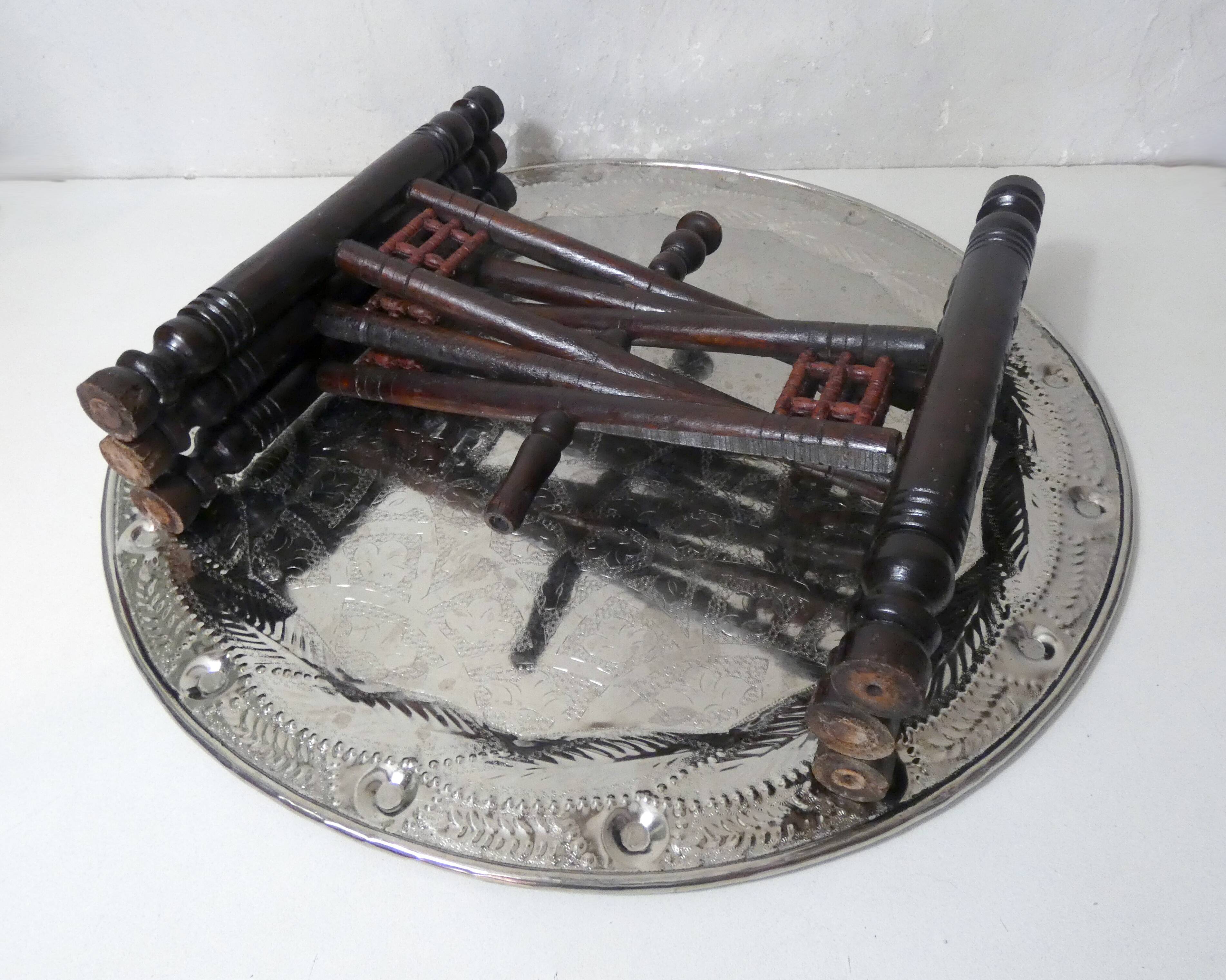 vintage folding oriental coffee table with silver metal top
