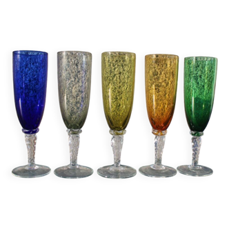 Set of 5 vintage champagne flutes in multicolored blown glass