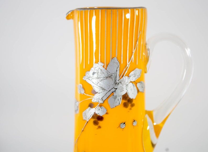 Art Nouveau lemonade service pitcher and 6 hand-painted glasses in bohemian glass early 20th century