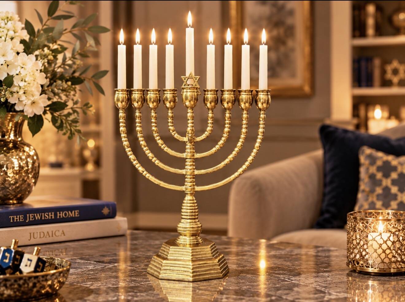 Vintage Candelabras 9 Branch Menorah Jewish Judaica Golden Candle Holders Brass