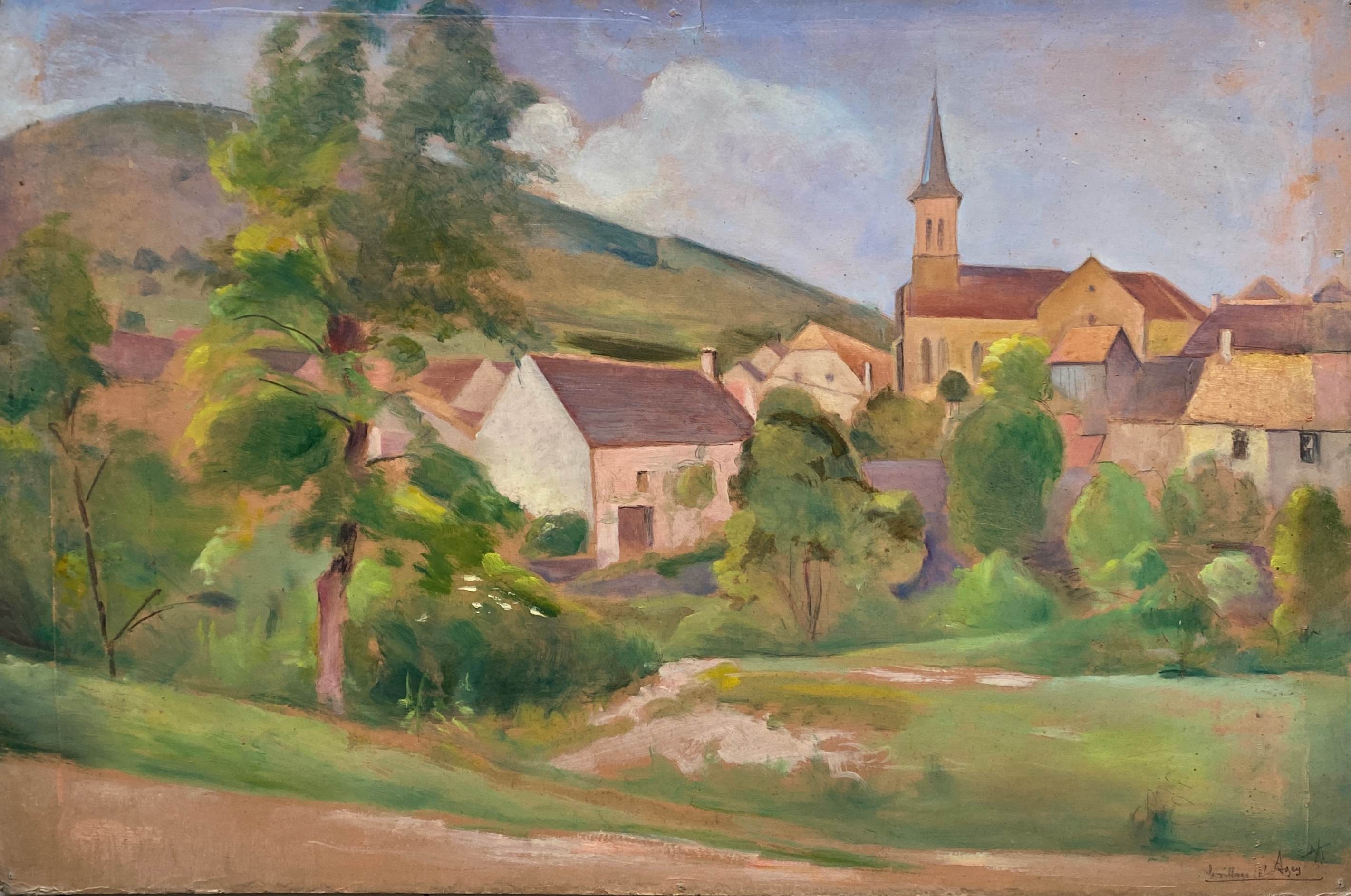 HSP painting "The village of Agey" (Côte d'Or) by Auguste Mallard (1895-1965)
