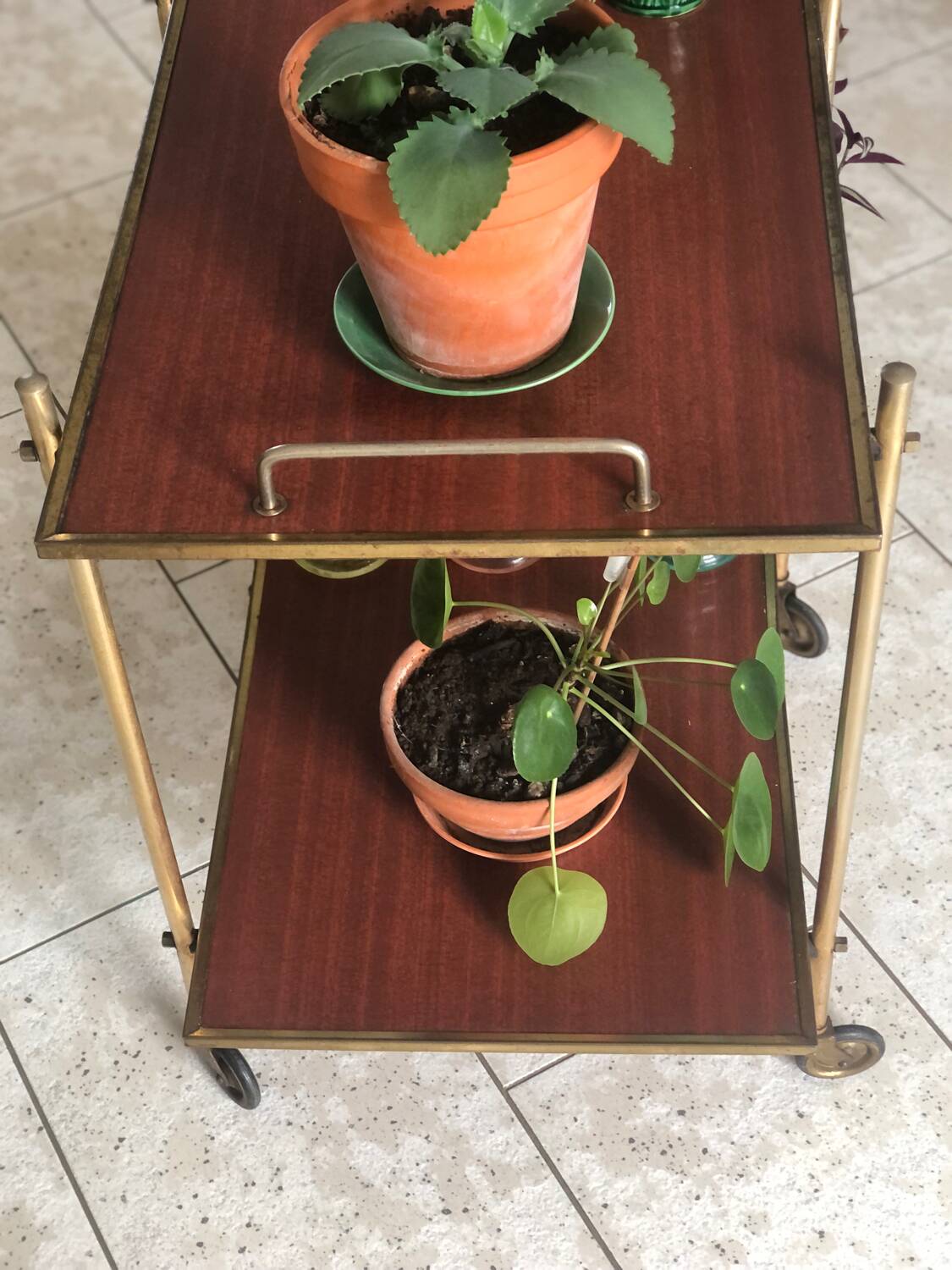 Vintage gold metal serving tray formica style