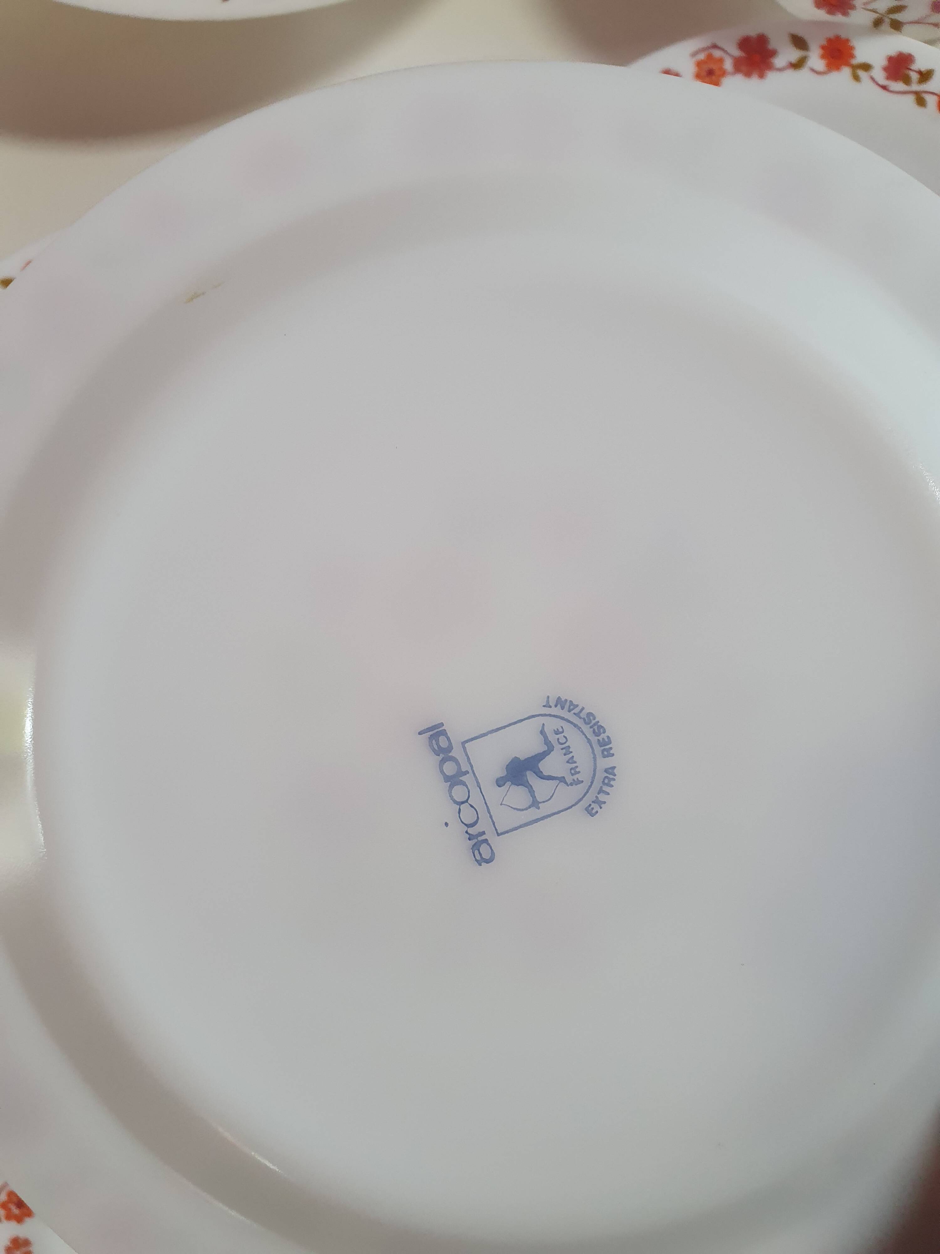 lot of arcopal scania dishes with small orange flowers flat plate, hollow dessert dish, one dish..