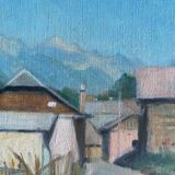 Painting "Village entrance, Mountain" signed frame