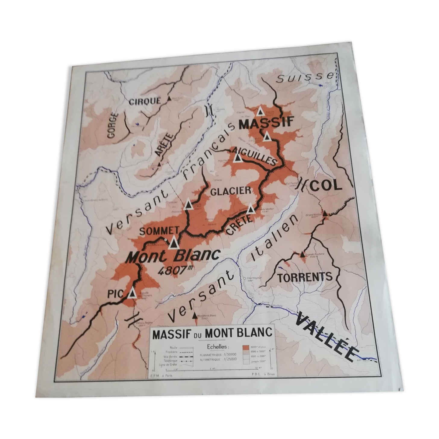 Vintage school geography map Massif du Mont Blanc