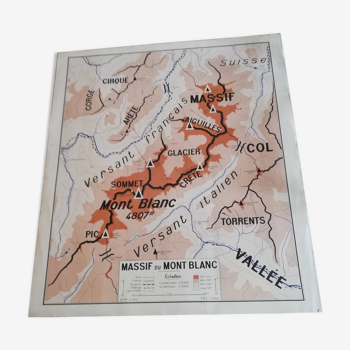 Vintage school geography map Massif du Mont Blanc