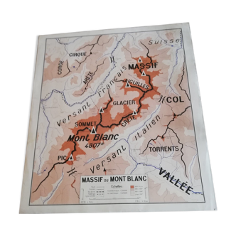 Carte géographie scolaire vintage Massif du Mont-Blanc