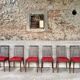 Set of 6 vintage wooden chairs – Psychedelic red fabric