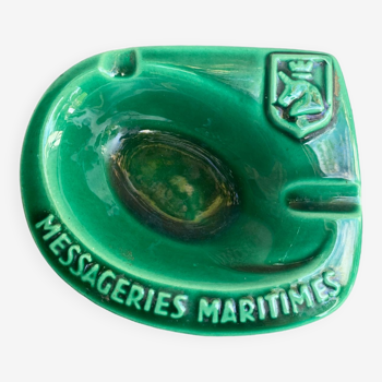 Advertising ashtray of maritime couriers in vintage green glazed ceramic