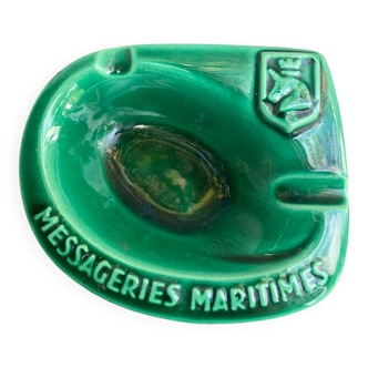 Advertising ashtray of maritime couriers in vintage green glazed ceramic