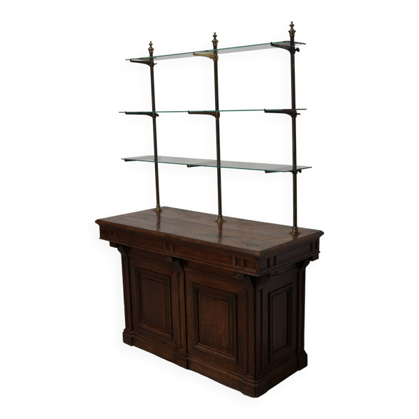 Comptoir de magasin en chêne français antique / unité de rangement, 19e siècle