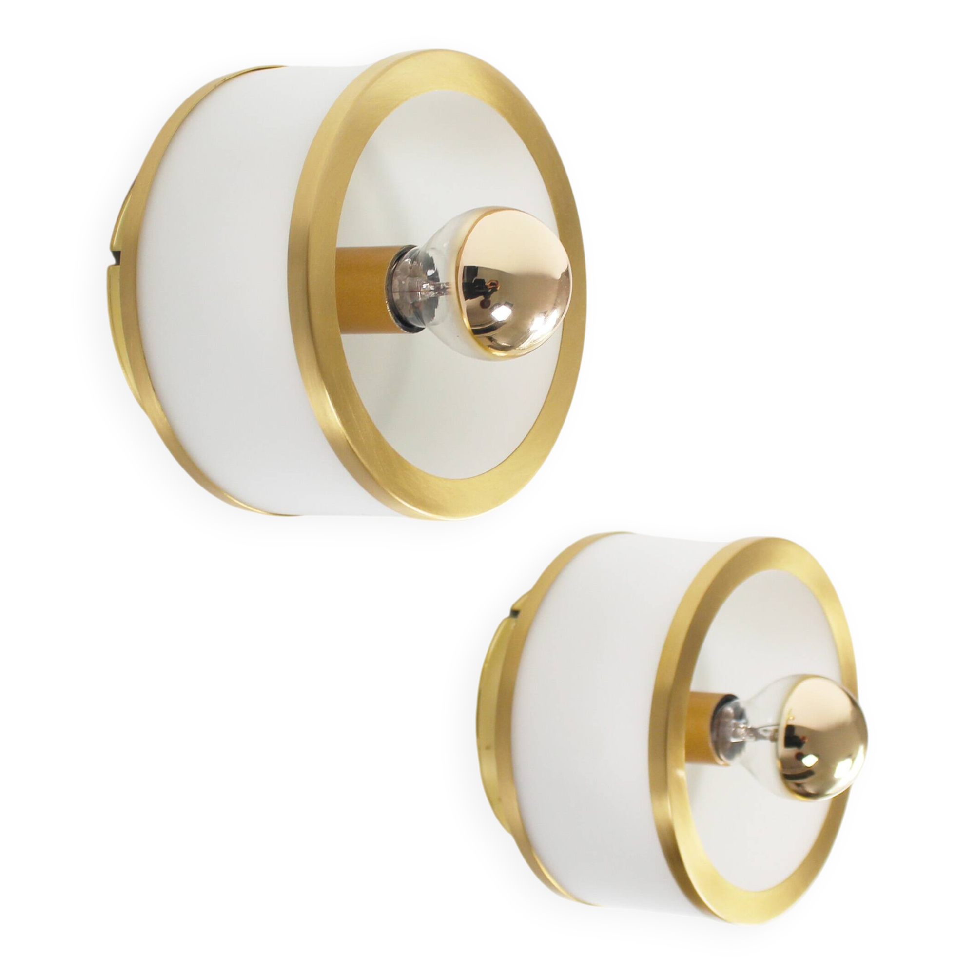 Pair of vintage 1980's opaline glass and brushed brass wall lights
