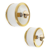 Pair of vintage 1980's opaline glass and brushed brass wall lights