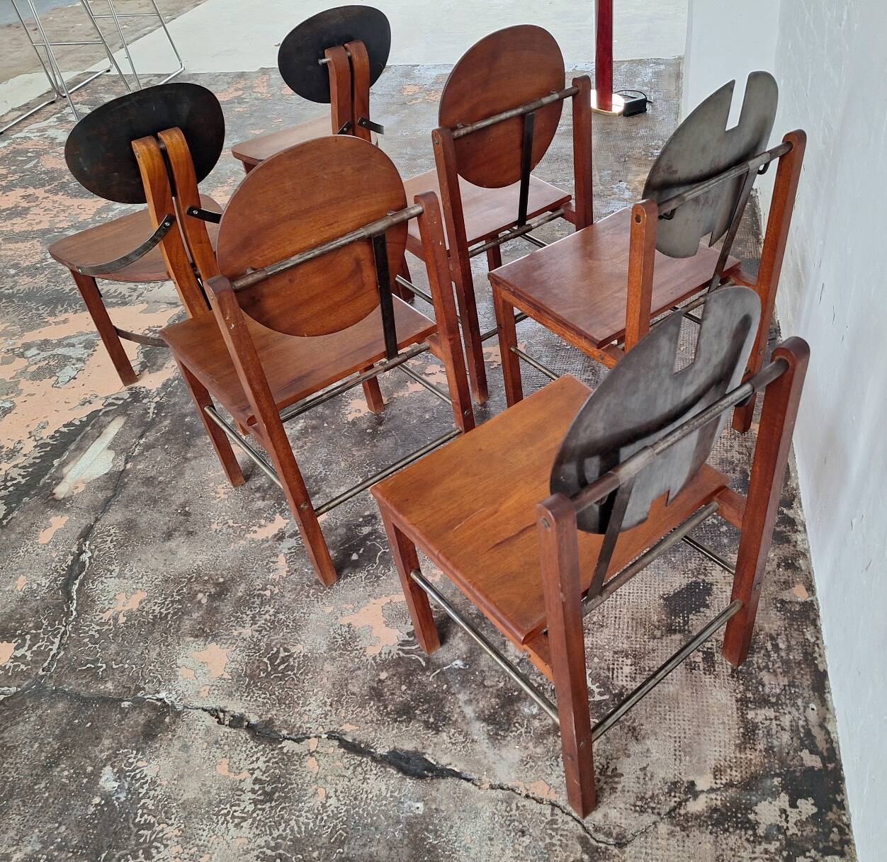 Set of 6 mid century Brutalist teak and steel dining chairs, 1960s