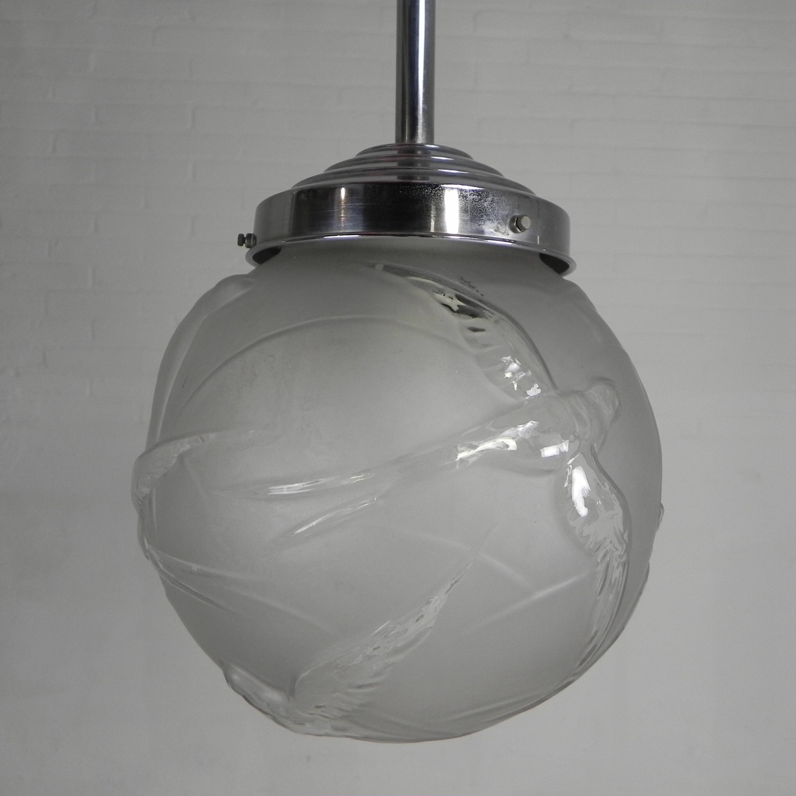 Art Deco pendant light with engraved glass globe and birds, 1930s