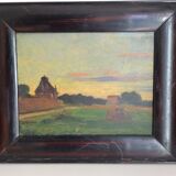 Tableau ancien, paysage de campagne