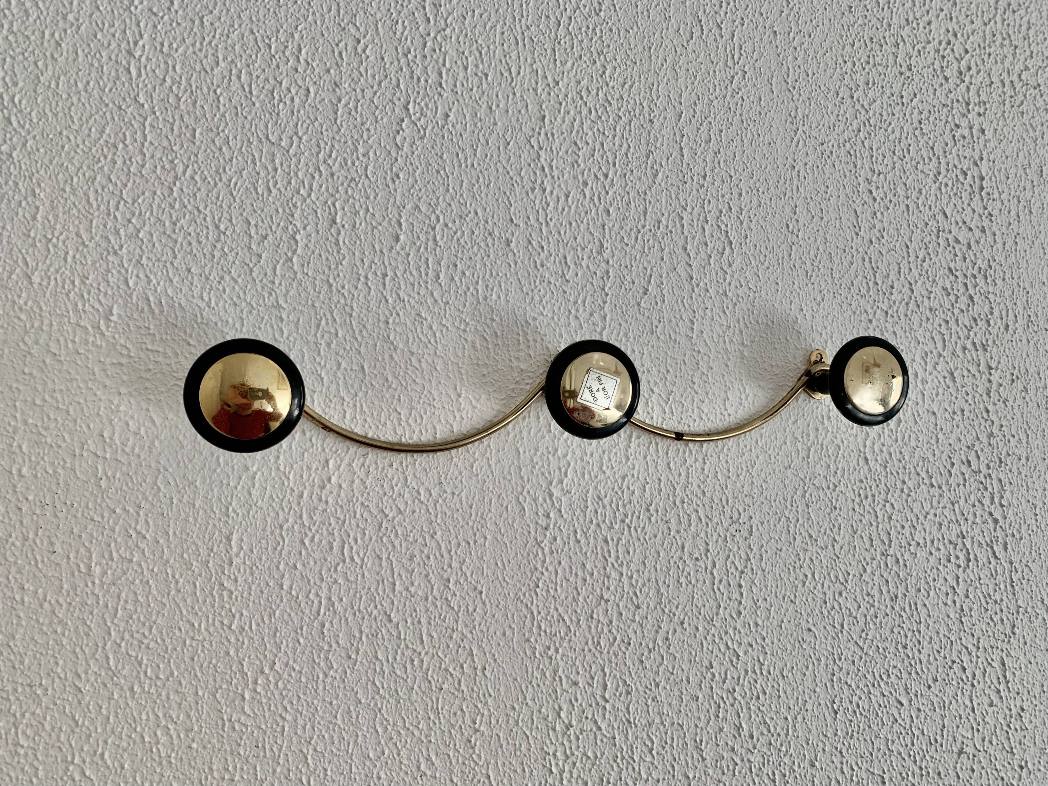 Vintage 1960s gold coat rack with 3 hooks - 45 x 7 cm