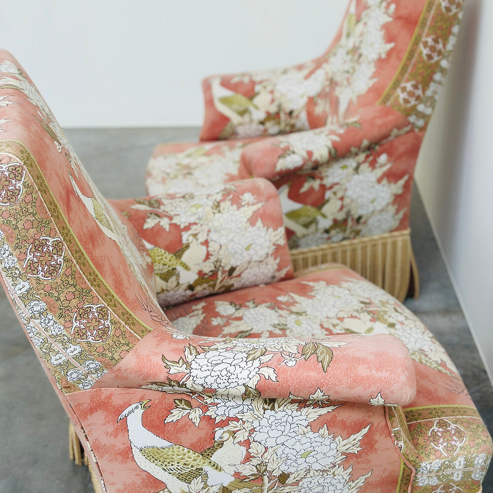 Exquisite pair of upholstered slipper lounge chairs depicting pheasants and peonies