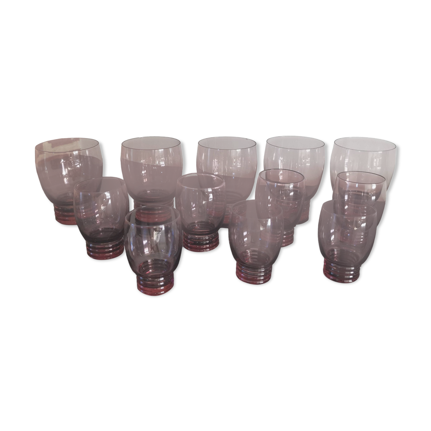 Set of 50s art deco purple/rosé blown glass glasses