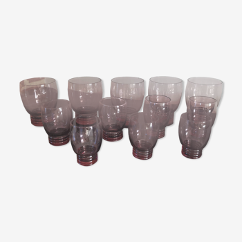 Set of 50s art deco purple/rosé blown glass glasses