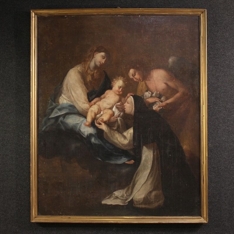 Peinture antique Adoration de Sainte Rose de Lima avec la Madone et l'Enfant