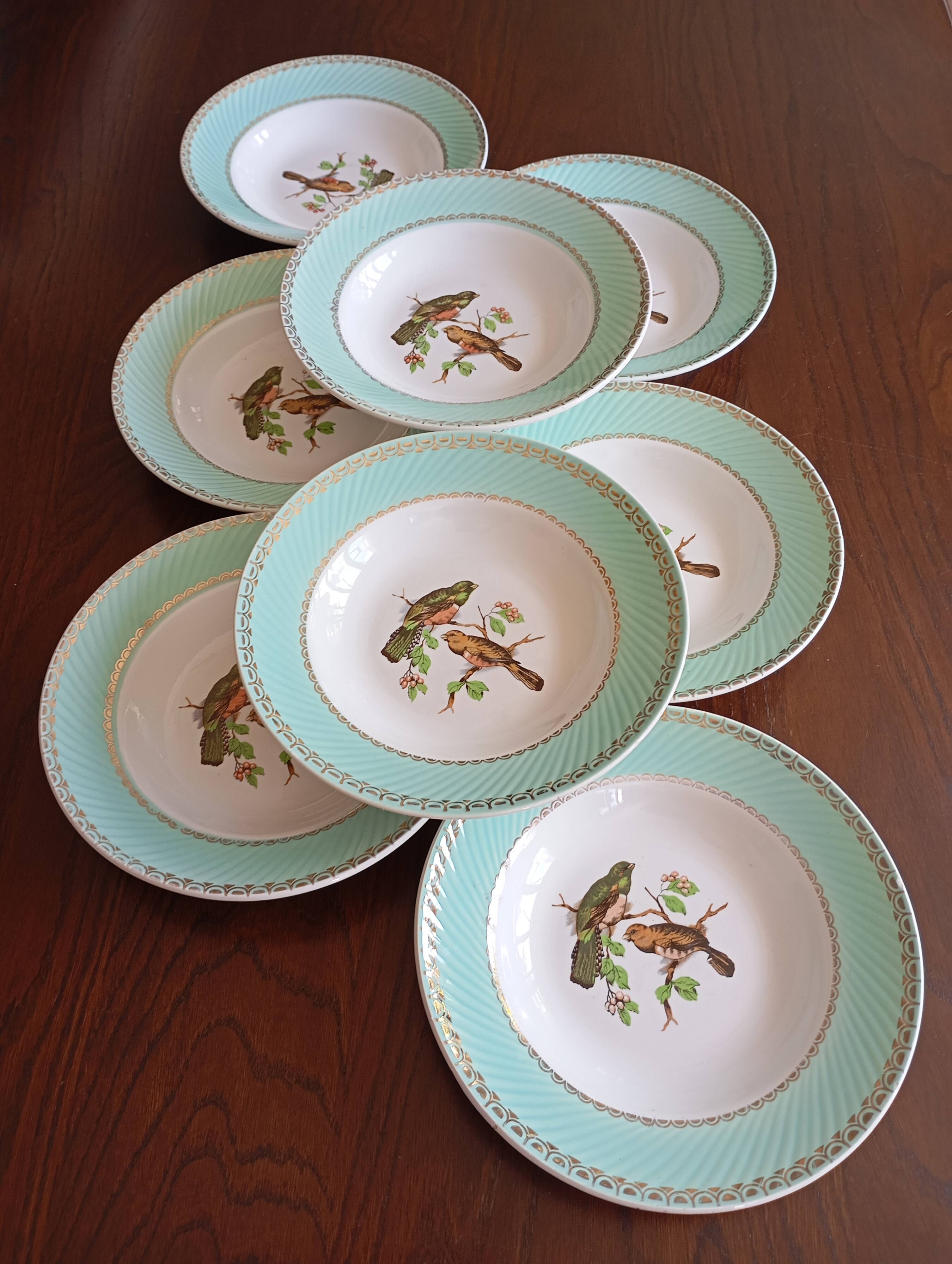 8 soup plates Fenal Badonviller "Birds" vintage 1950s