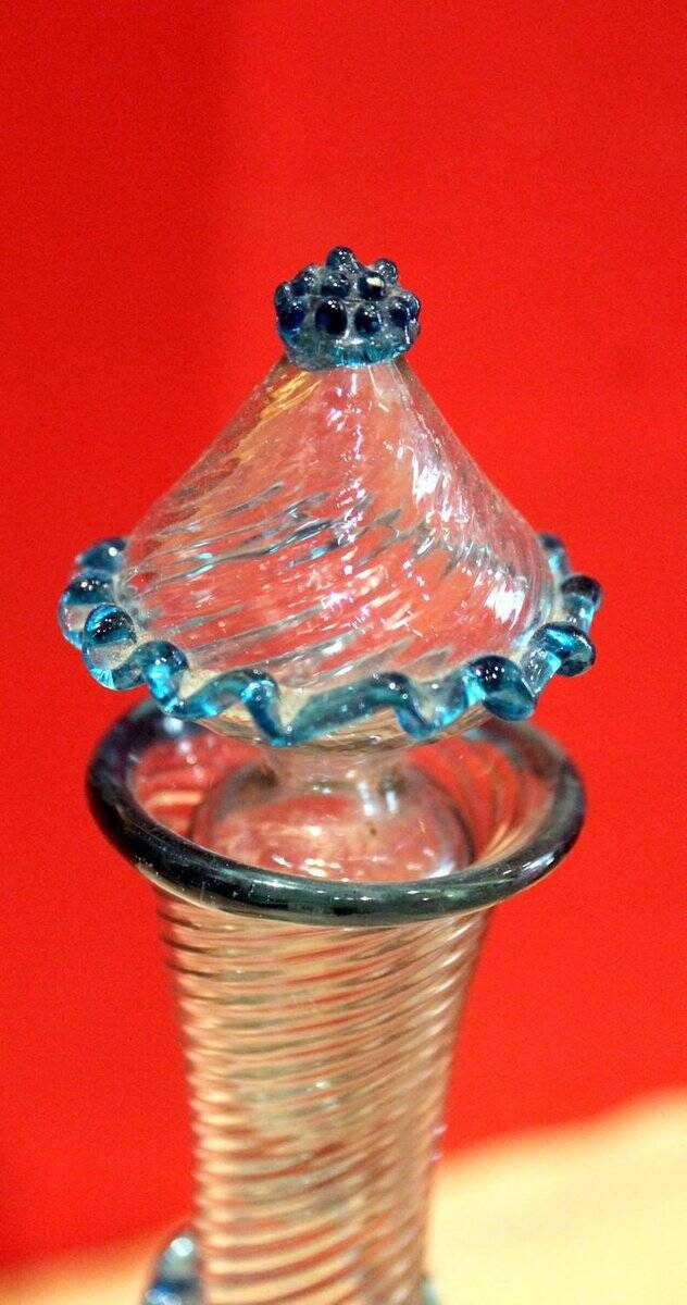 18th Century Italian Murano Clear Glass and Blue Trimmed Blown Glass Bottle