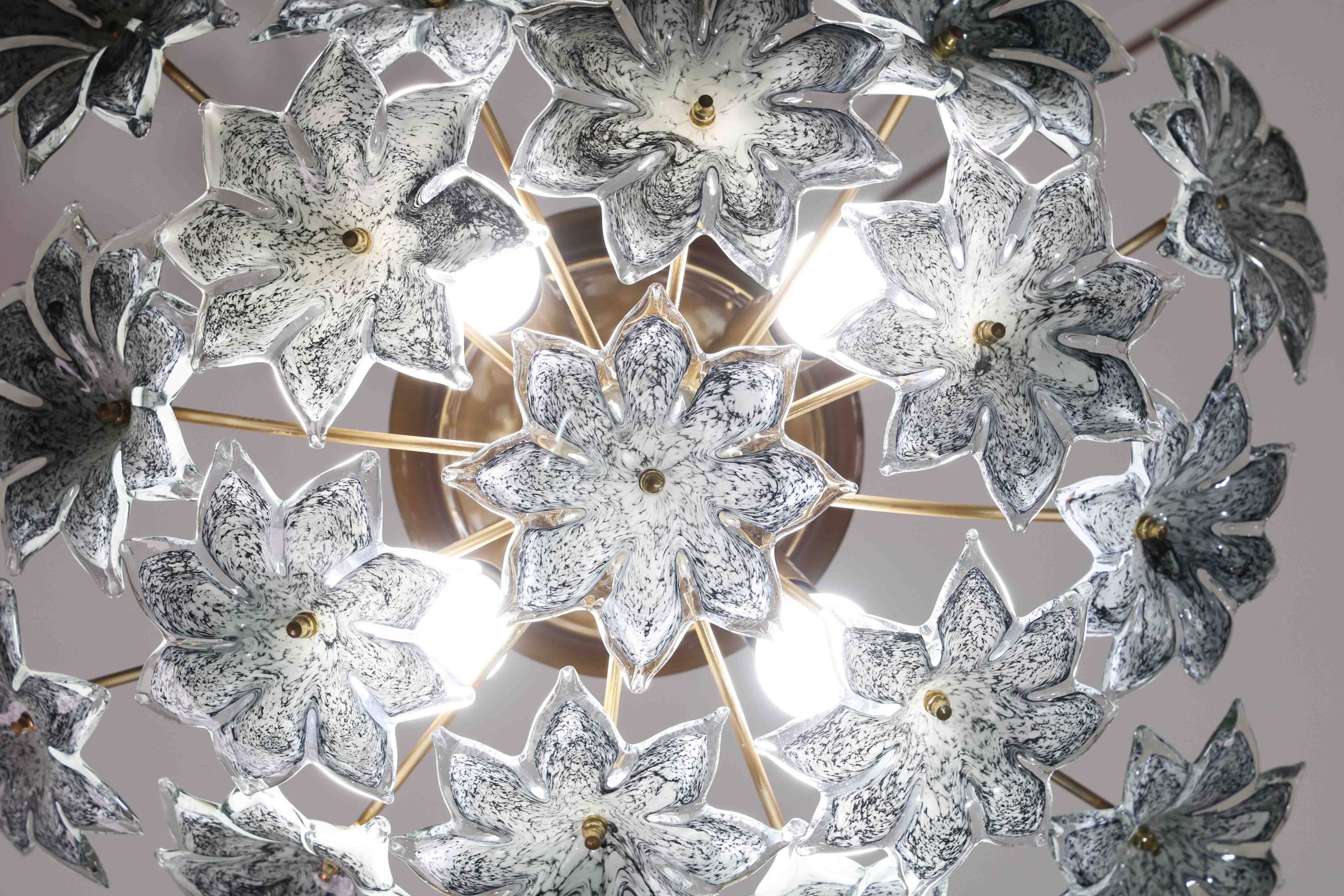 Large Murano Vintage Ceiling Light Black Flowers, 1970s