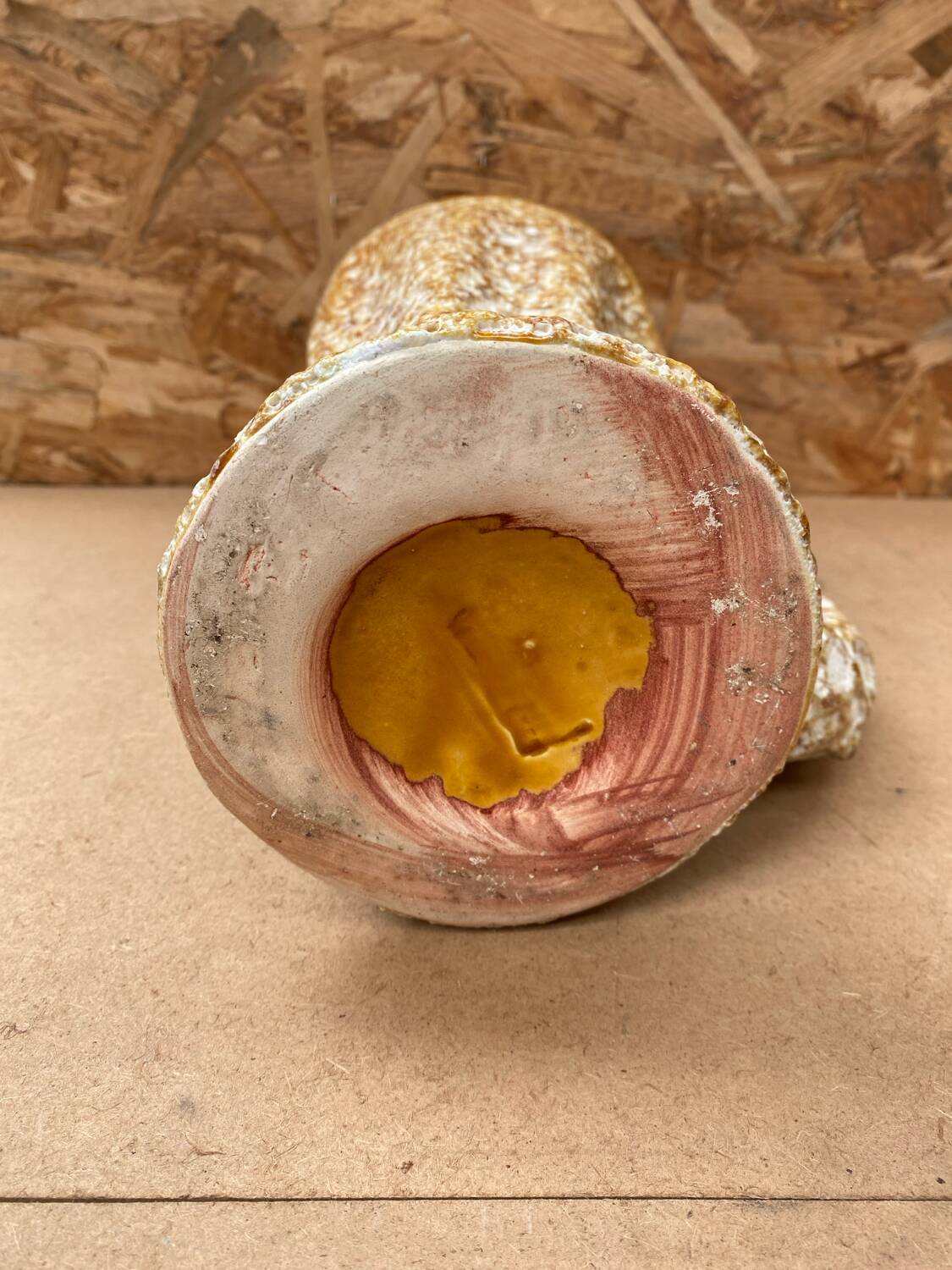 Antique vase pitcher vallauris fat lava ceramic yellow white foam #b479