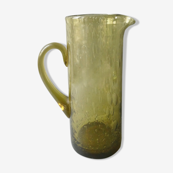 Pitcher in bubbled glass khaki green 70s