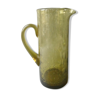 Pitcher in bubbled glass khaki green 70s