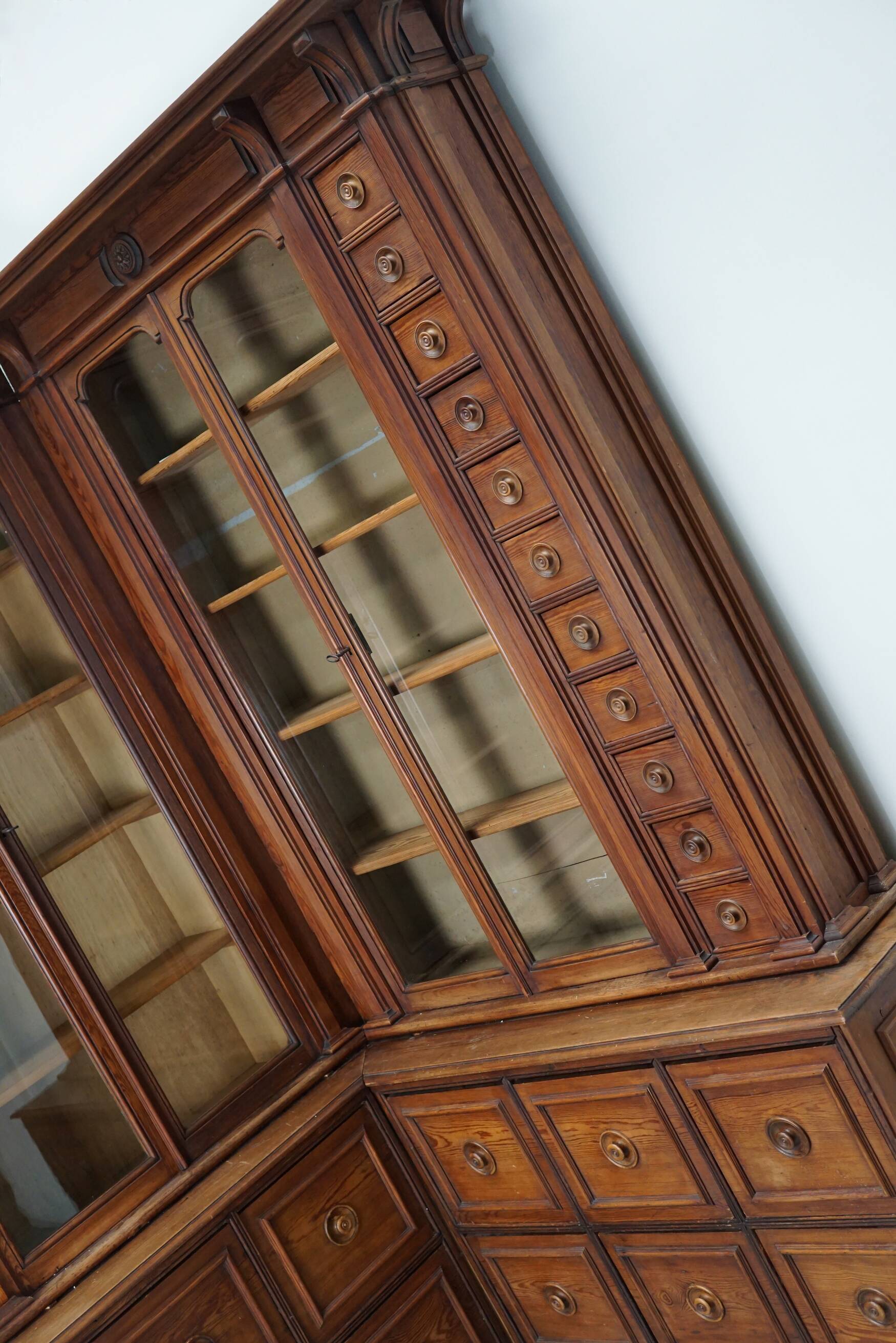 Large Antique German Pitch Pine Corner Apothecary Cabinet / Vitrine ca 1900s